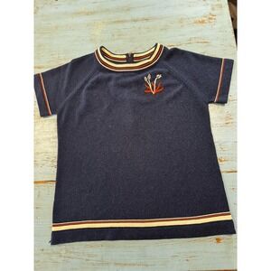 VTG Short Sleeve Ringer Sweater Striped Granny 70s 50s Embroidered Floral Medium